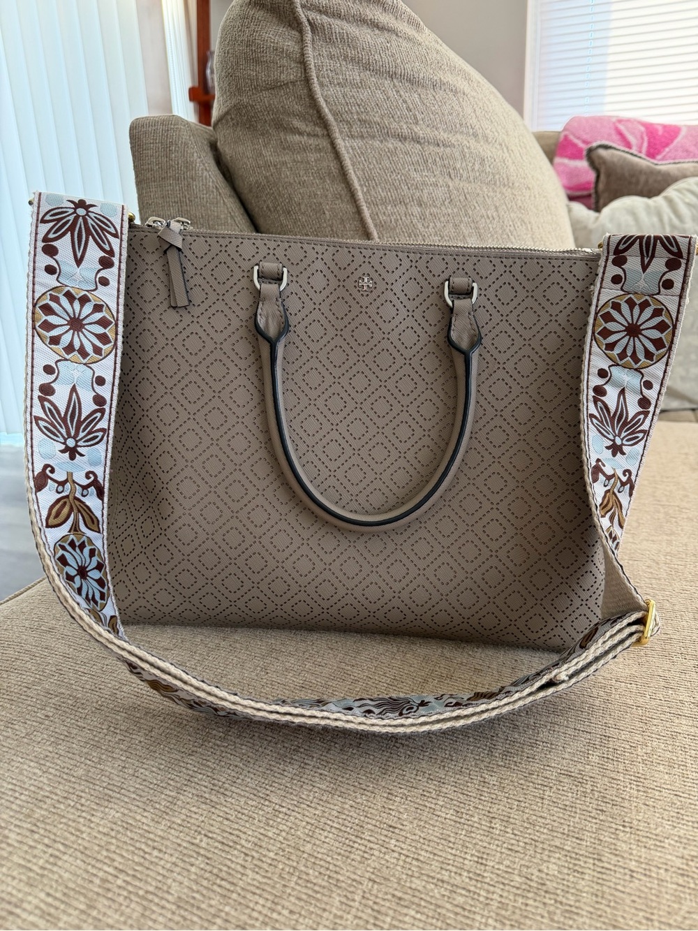 Tory Burch Taupe Perforated Tote with Embroidered Strap